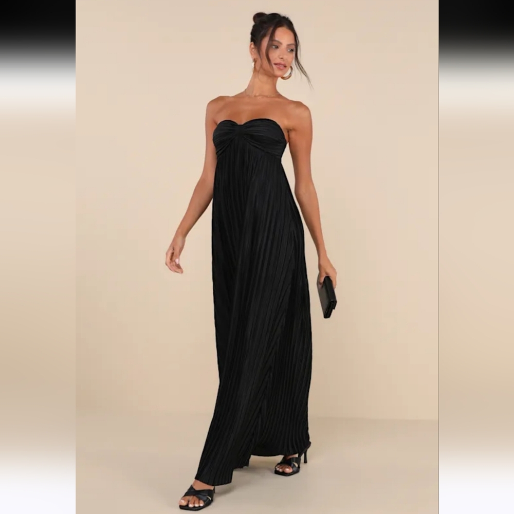 Lulus Whimsical Beauty Black Satin Plisse Strapless Maxi Dress Medium